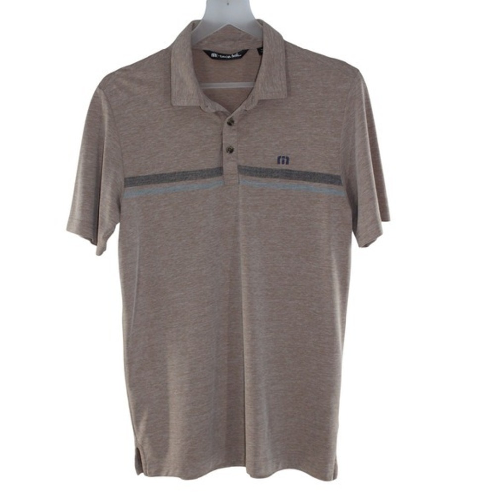 TravisMathew Mens Tan Heather Striped Golf Polo Shirt Size Medium Short Sleeve